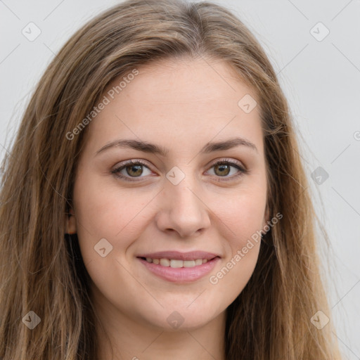 Joyful white young-adult female with long  brown hair and green eyes