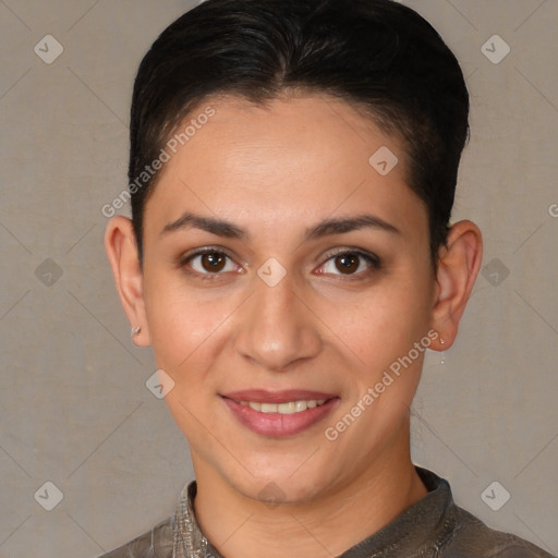 Joyful white young-adult female with short  brown hair and brown eyes