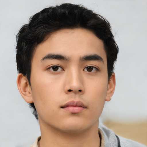 Neutral asian young-adult male with short  black hair and brown eyes