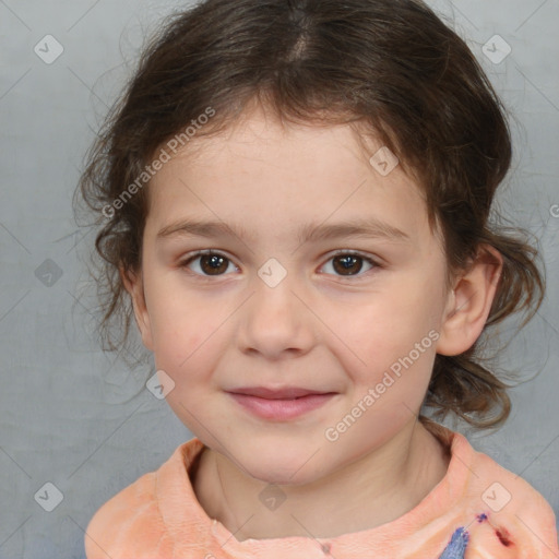 Joyful white child female with medium  brown hair and brown eyes