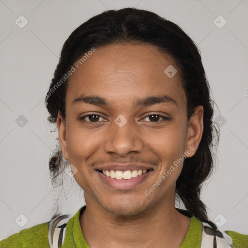 Joyful latino young-adult female with medium  black hair and brown eyes