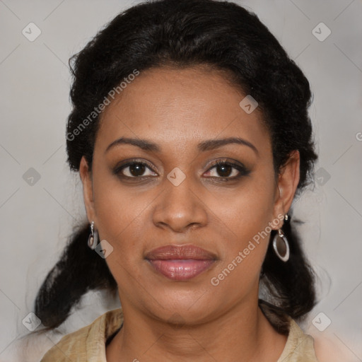 Joyful black young-adult female with medium  black hair and brown eyes