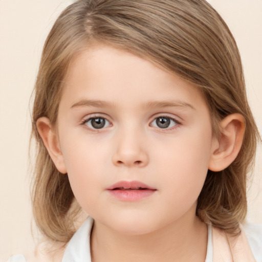 Neutral white child female with medium  brown hair and grey eyes