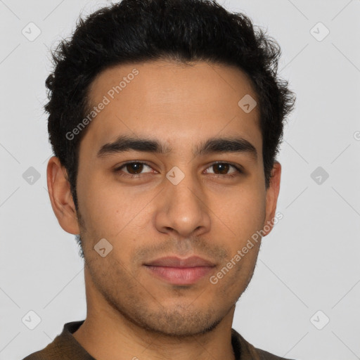 Neutral latino young-adult male with short  brown hair and brown eyes