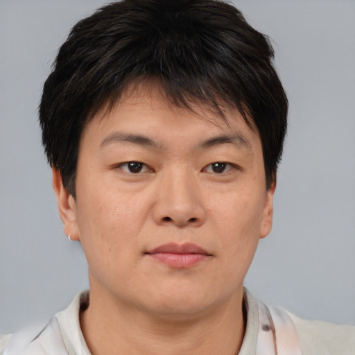 Neutral asian young-adult male with short  brown hair and brown eyes