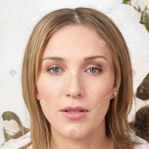 Neutral white young-adult female with medium  brown hair and green eyes