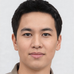 Joyful asian young-adult male with short  black hair and brown eyes