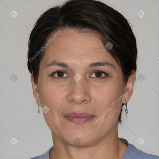 Joyful white adult female with short  brown hair and brown eyes