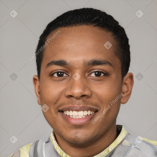 Joyful black young-adult male with short  black hair and brown eyes