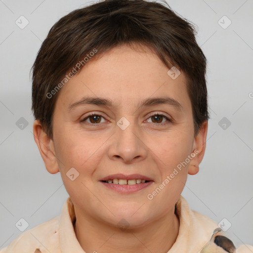 Joyful white young-adult female with short  brown hair and brown eyes