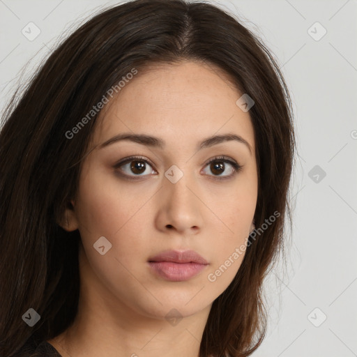 Neutral white young-adult female with long  brown hair and brown eyes