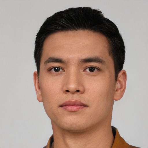 Neutral asian young-adult male with short  black hair and brown eyes