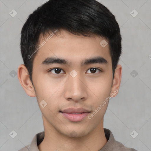 Neutral asian young-adult male with short  brown hair and brown eyes