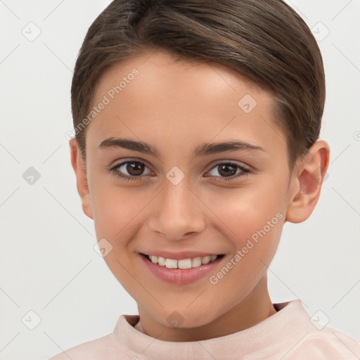 Joyful white child female with short  brown hair and brown eyes