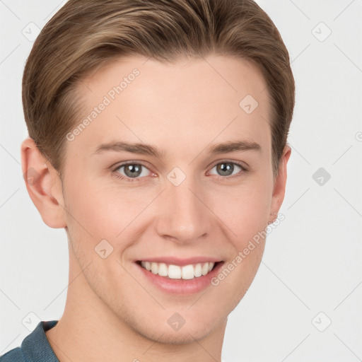 Joyful white young-adult female with short  brown hair and grey eyes