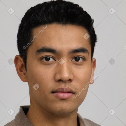 Neutral asian young-adult male with short  black hair and brown eyes