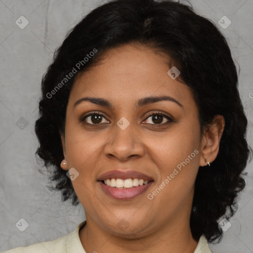 Joyful latino young-adult female with medium  brown hair and brown eyes