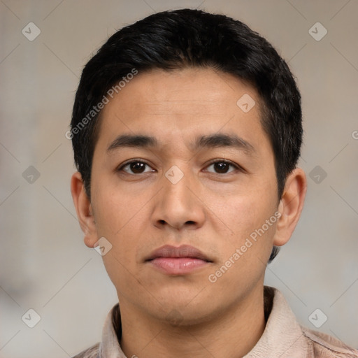 Neutral latino young-adult male with short  black hair and brown eyes