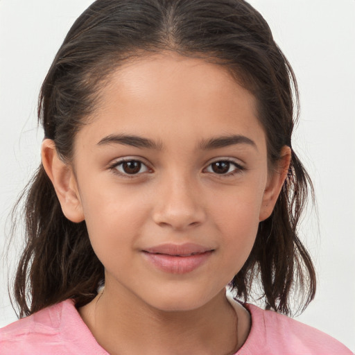 Joyful white child female with medium  brown hair and brown eyes