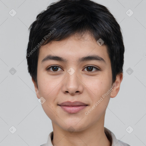 Joyful white young-adult male with short  black hair and brown eyes