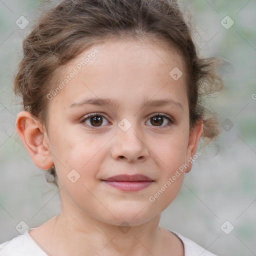 Joyful white child female with short  brown hair and brown eyes