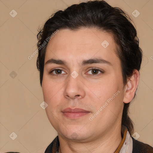 Joyful white young-adult male with medium  brown hair and brown eyes