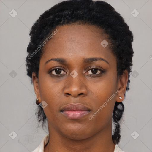 Neutral black young-adult female with short  black hair and brown eyes