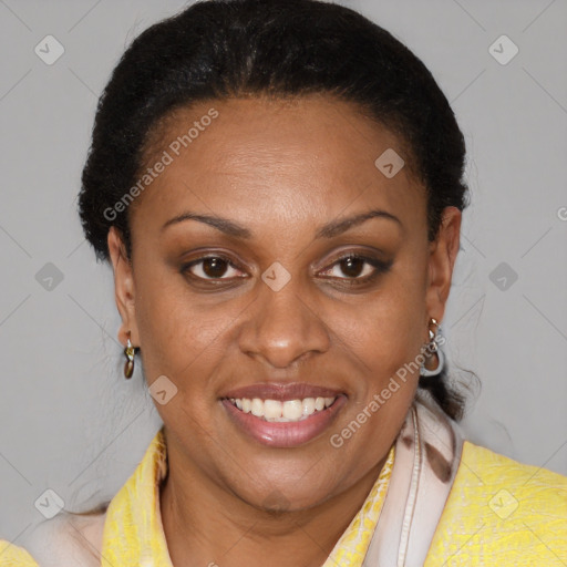 Joyful latino young-adult female with short  brown hair and brown eyes