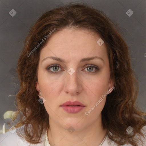 Neutral white young-adult female with medium  brown hair and brown eyes