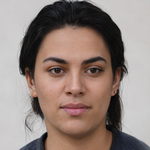 Neutral asian young-adult female with medium  brown hair and brown eyes