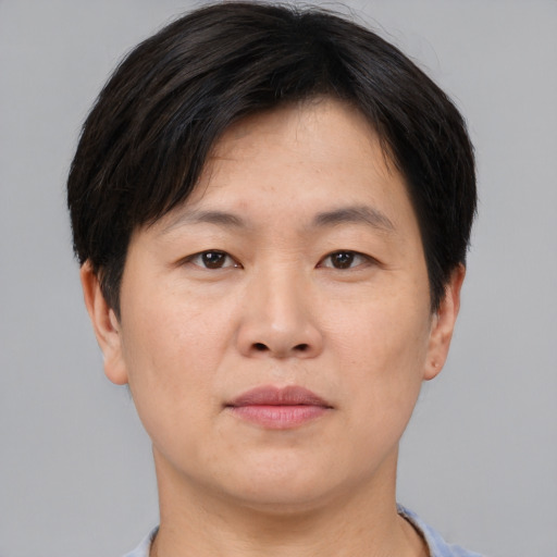 Neutral asian adult male with short  brown hair and brown eyes