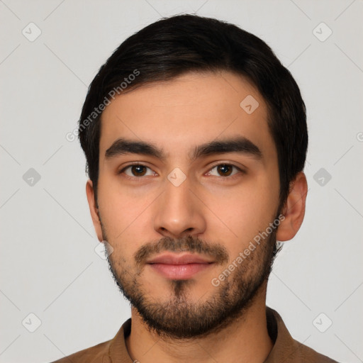 Neutral latino young-adult male with short  black hair and brown eyes