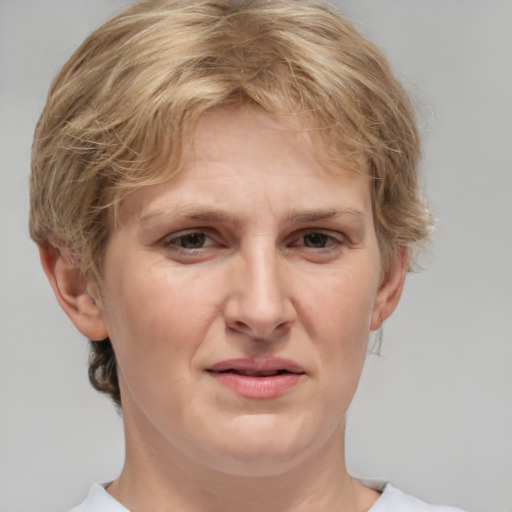 Joyful white adult female with medium  brown hair and grey eyes