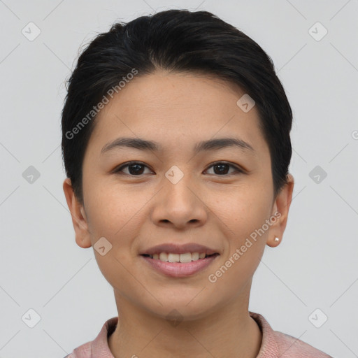 Joyful asian young-adult female with short  brown hair and brown eyes