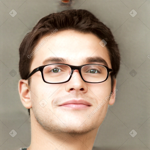 Neutral white young-adult male with short  brown hair and grey eyes