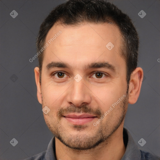 Joyful white young-adult male with short  brown hair and brown eyes