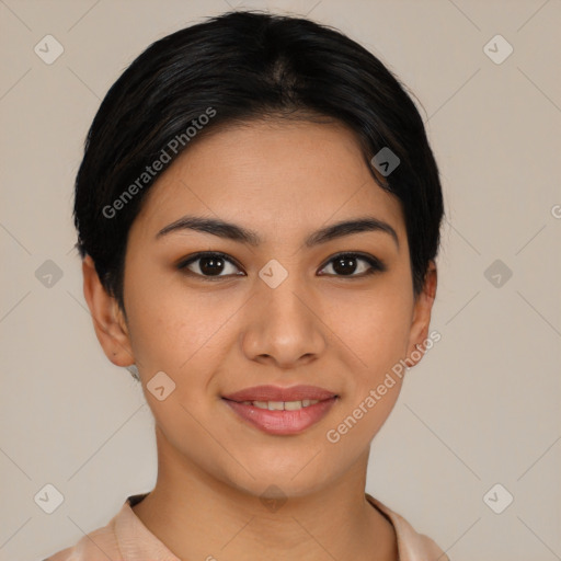 Joyful asian young-adult female with short  black hair and brown eyes