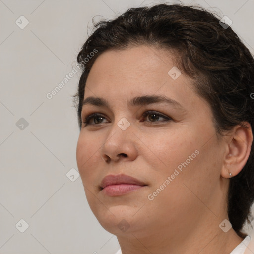 Neutral white young-adult female with medium  brown hair and brown eyes