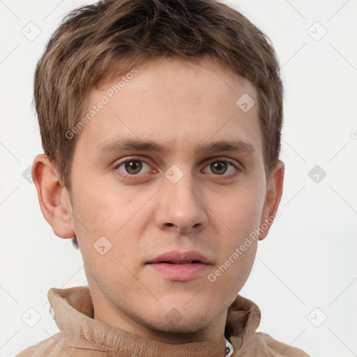 Neutral white young-adult male with short  brown hair and grey eyes