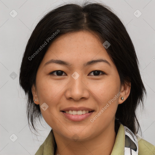 Joyful latino young-adult female with medium  brown hair and brown eyes