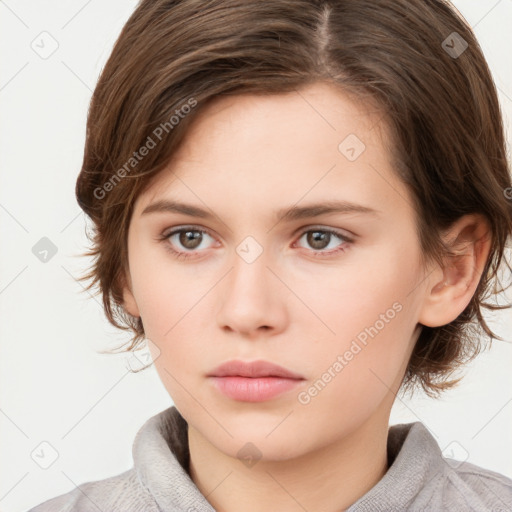 Neutral white young-adult female with medium  brown hair and brown eyes