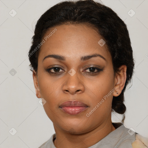 Neutral black young-adult female with short  black hair and brown eyes