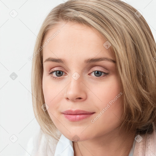 Neutral white young-adult female with medium  brown hair and blue eyes