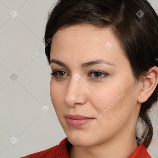 Neutral white young-adult female with medium  brown hair and brown eyes