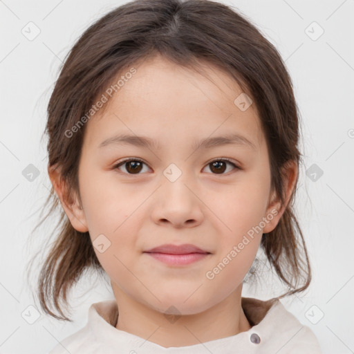 Joyful white child female with medium  brown hair and brown eyes