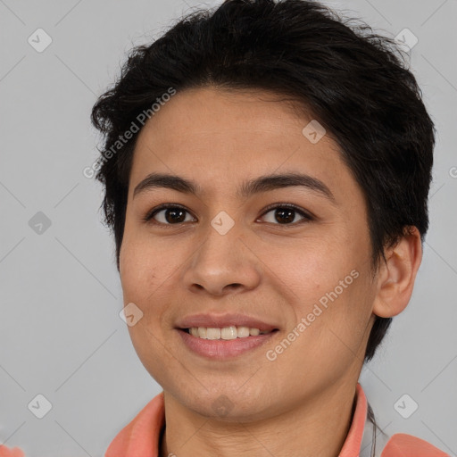 Joyful asian young-adult female with short  brown hair and brown eyes