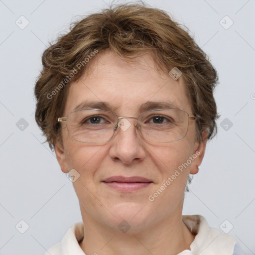 Joyful white adult female with short  brown hair and brown eyes