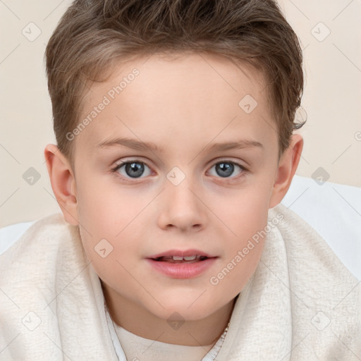 Joyful white child female with short  brown hair and blue eyes