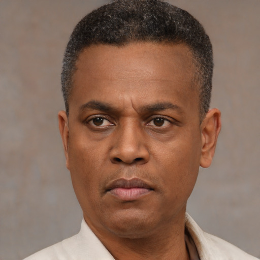 Neutral black adult male with short  black hair and brown eyes