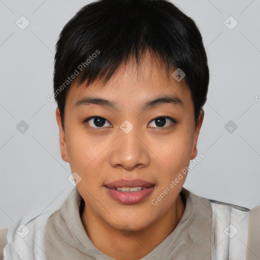 Joyful asian young-adult female with short  brown hair and brown eyes